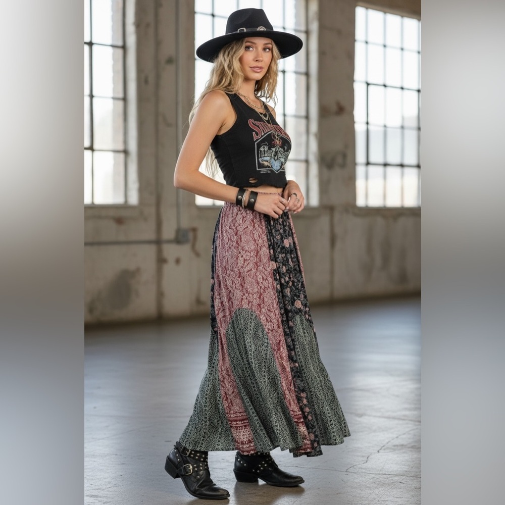 NWT Angie Boho Mixed Media Floral Print Maxi Skirt - Picture 2 of 9